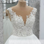 HEULORIA Shimmering Floral Lace Ball Gown Wedding Dress with Illusion V-Neck and Cathedral Train AL-1060