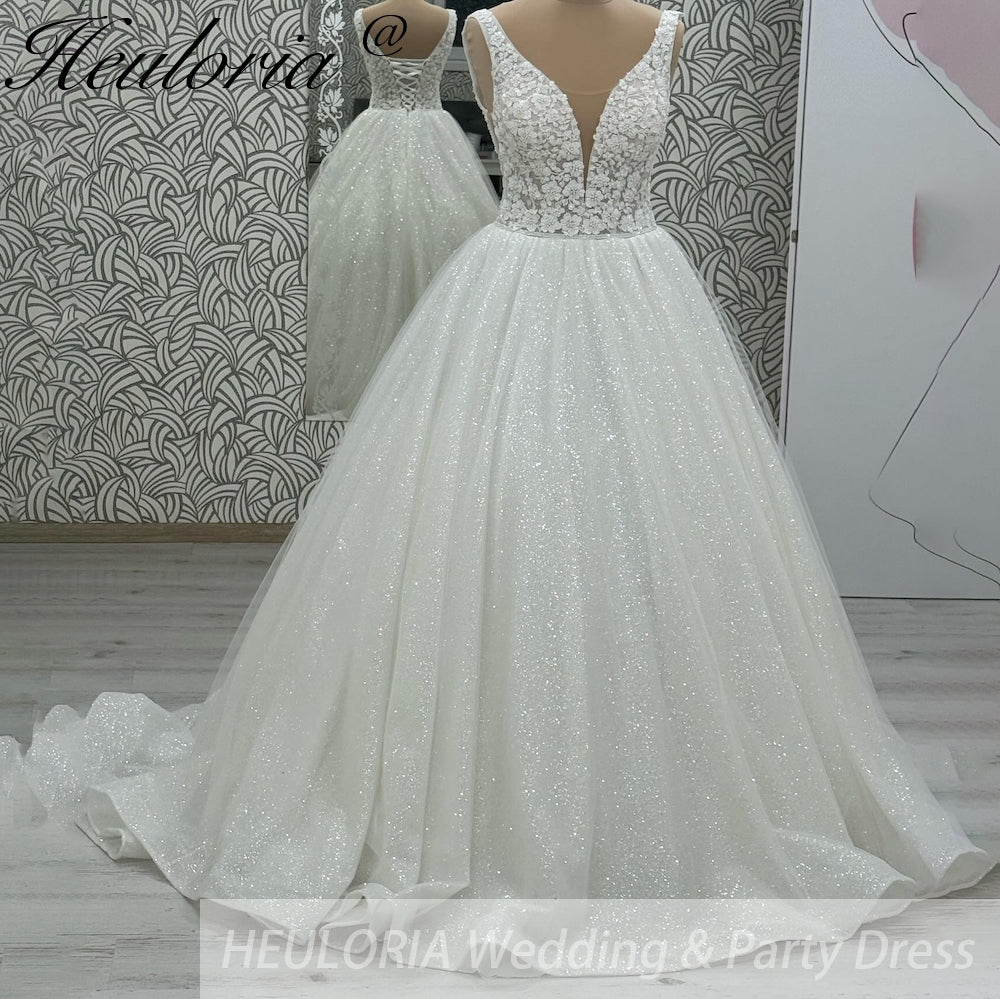 HEULORIA V Neck Sleeveless A line Wedding Dress sparky Boho Lace Appliques Tulle Long Bridal Gowns Backless Vestidos de Novia Customized AL-1091