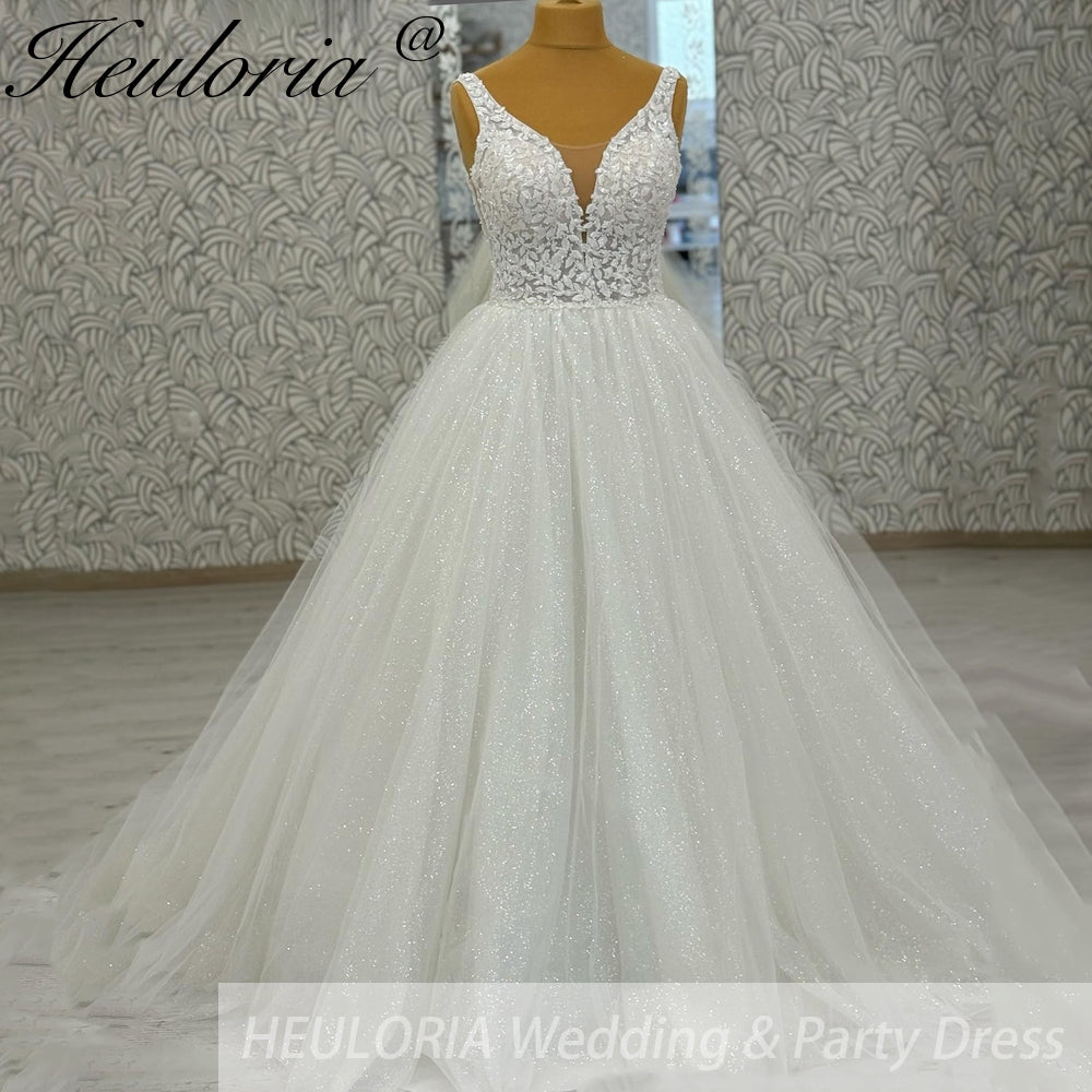 HEULORIA V Neck Sleeveless A line Wedding Dress Boho Lace Appliques Tulle Long Bridal Gowns Backless Vestidos de Novia Customized AL-1059 Main image