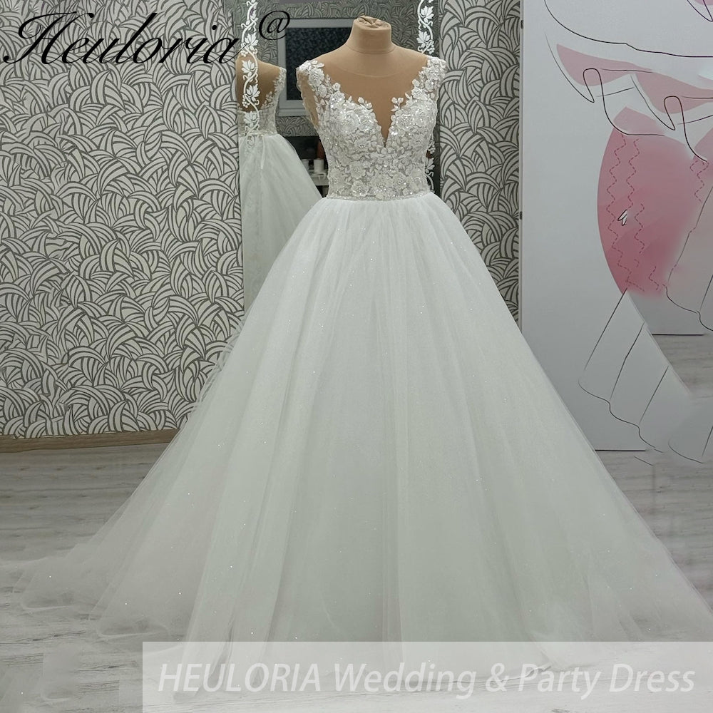 HEULORIA V Neck Sleeveless A line Wedding Dress Boho Lace Appliques Tulle Long Bridal Gowns Backless Vestidos de Novia Customized AL-1060