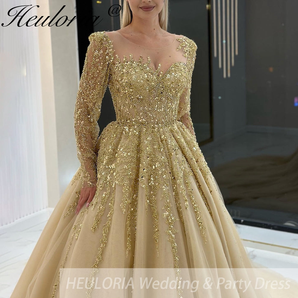 HEULORIA Ball-Gown/Princess Wedding Dress long sleeve sweetheart god beads lace tulle bride dress BA-1163