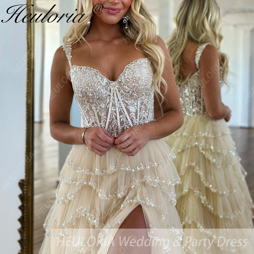 HEULORIA long tired prom dress off shoulder lace evening dress luxury formal dress ED-92 Image secondaire du produit