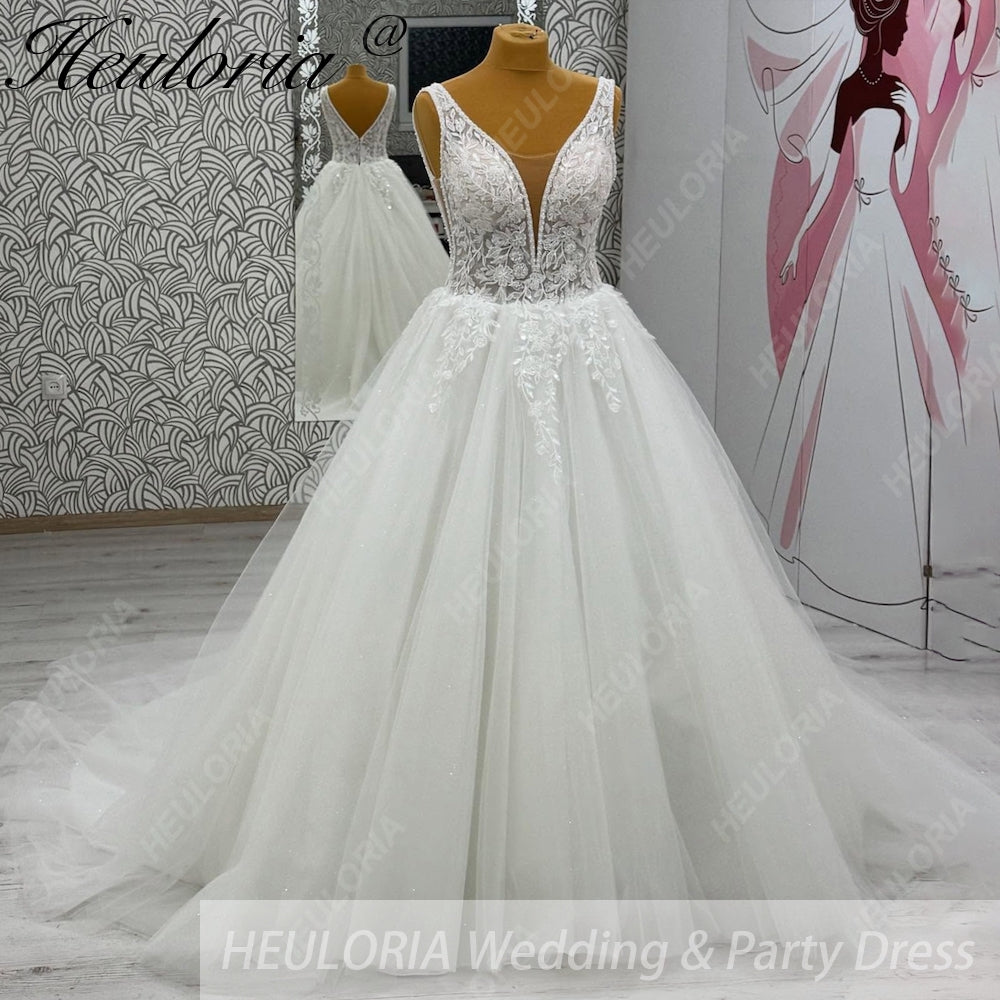 HEULORIA Elegant Plunging V-Neck Floral Lace A-Line Wedding Dress with Shimmer Tulle & Long Train AL-1056