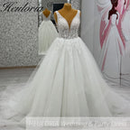 HEULORIA Elegant Plunging V-Neck Floral Lace A-Line Wedding Dress with Shimmer Tulle & Long Train AL-1056