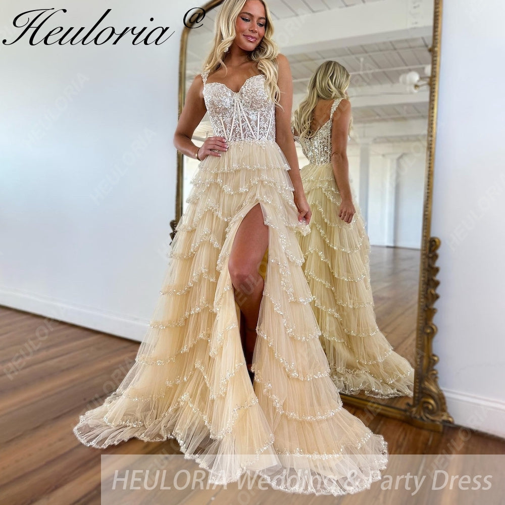 Champagne Beaded Tiered Prom Dress ED-92