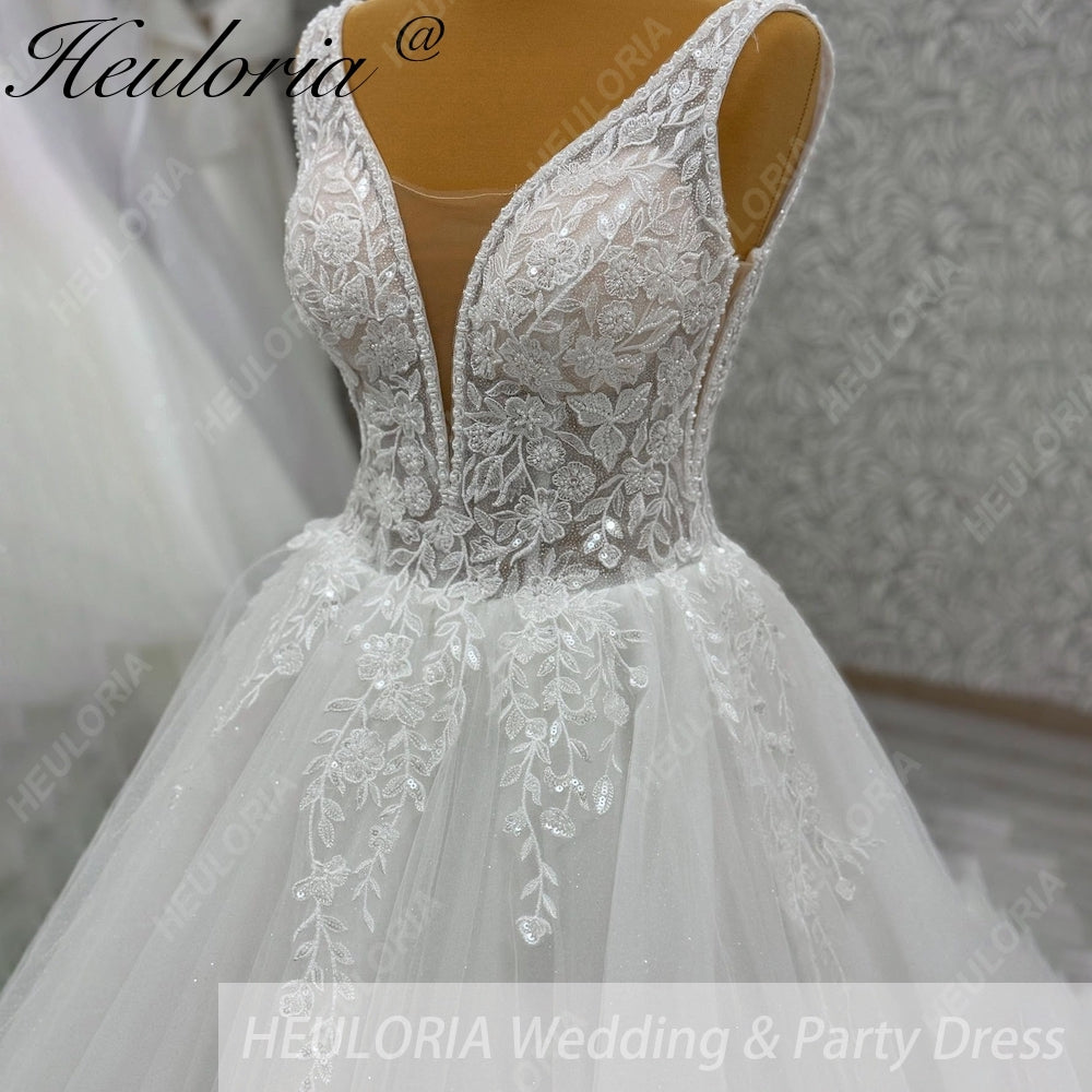 HEULORIA Elegant Plunging V-Neck Floral Lace A-Line Wedding Dress with Shimmer Tulle & Long Train AL-1056