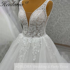 HEULORIA Elegant Plunging V-Neck Floral Lace A-Line Wedding Dress with Shimmer Tulle & Long Train AL-1056