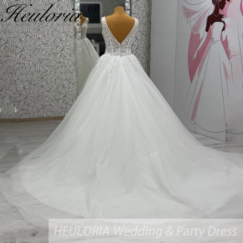 HEULORIA V Neck Sleeveless A line Wedding Dress Boho Lace Appliques Tulle Long Bridal Gowns Backless Vestidos de Novia Customized AL-1056