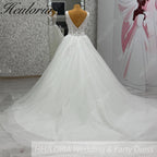 HEULORIA Elegant Plunging V-Neck Floral Lace A-Line Wedding Dress with Shimmer Tulle & Long Train AL-1056