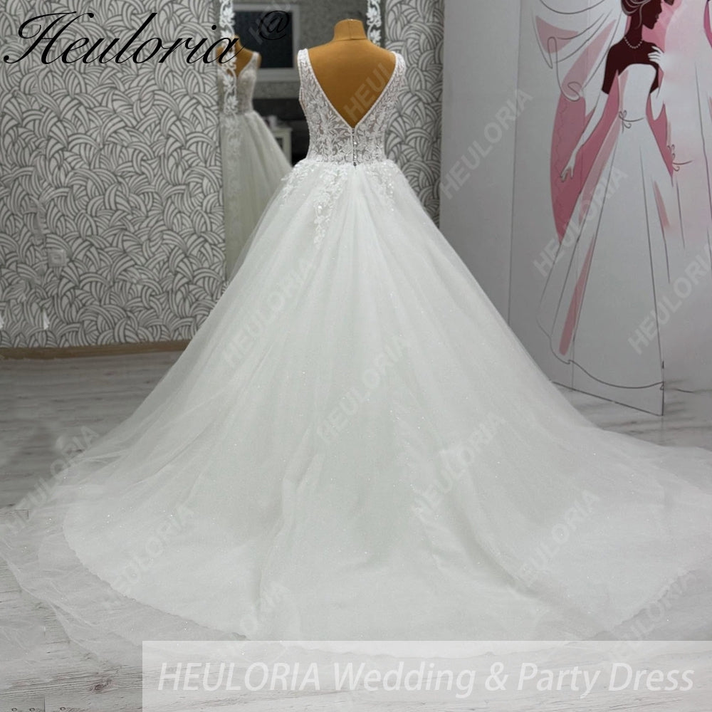 HEULORIA Elegant Plunging V-Neck Floral Lace A-Line Wedding Dress with Shimmer Tulle & Long Train AL-1056
