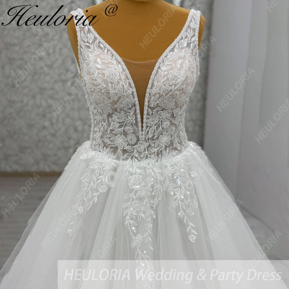 HEULORIA Elegant Plunging V-Neck Floral Lace A-Line Wedding Dress with Shimmer Tulle & Long Train AL-1056