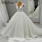 HEULORIA Enchanted Radiance: Plunging Illusion V-Neck Ball Gown Wedding Dress with Delicate Cap Sleeves BA-1075