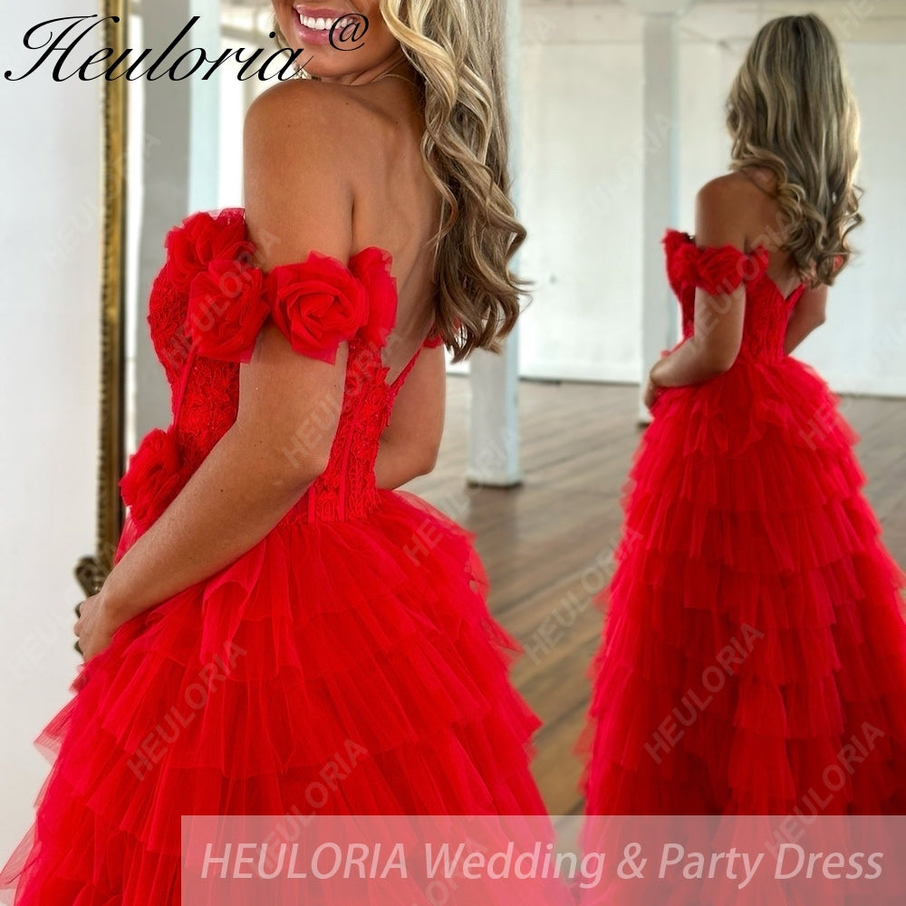 HEULORIA long tired prom dress off shoulder lace evening dress luxury formal dress ED-93