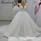HEULORIA Enchanted Radiance: Plunging Illusion V-Neck Ball Gown Wedding Dress with Delicate Cap Sleeves BA-1075