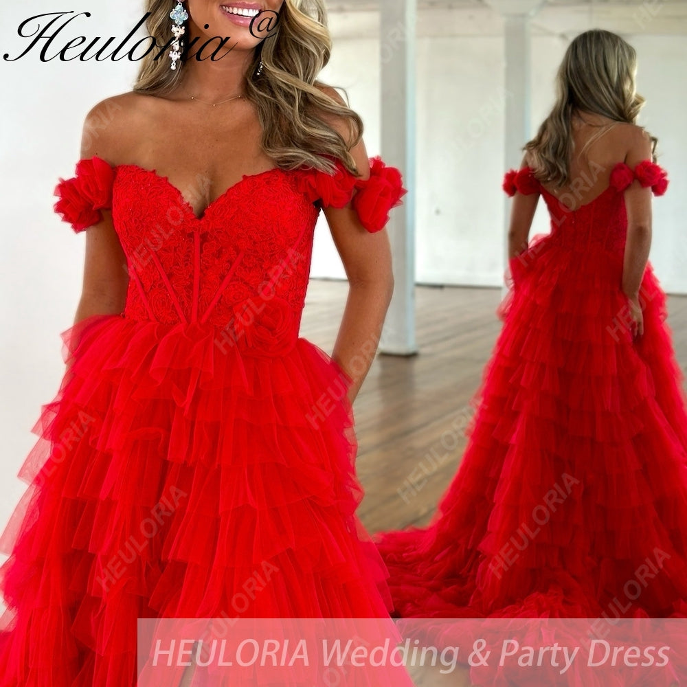 HEULORIA long tired prom dress off shoulder lace evening dress luxury formal dress ED-93 Image secondaire du produit