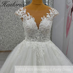 HEULORIA Ethereal Lace Appliqué Ball Gown: Illusion V-Neck & Scalloped Cap Sleeves BA-1090