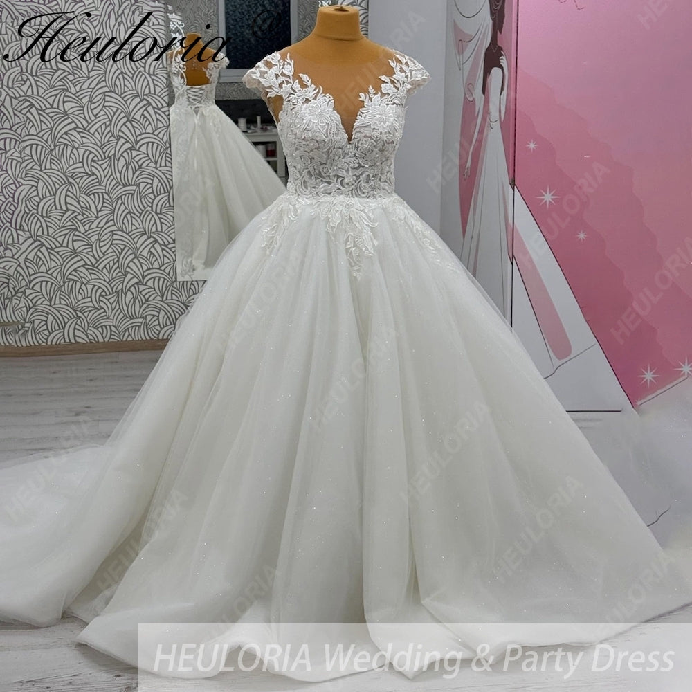 HEULORIA Ethereal Lace Appliqué Ball Gown: Illusion V-Neck & Scalloped Cap Sleeves BA-1090