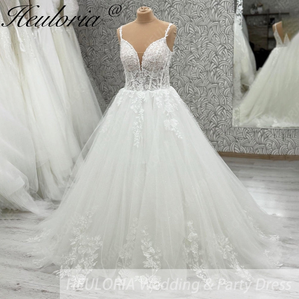 HEULORIA  elegant A line wedding dress Spaghetti Strap lace applique bridal dress Robe De Mariee Wedding Bride Dress AL-1073