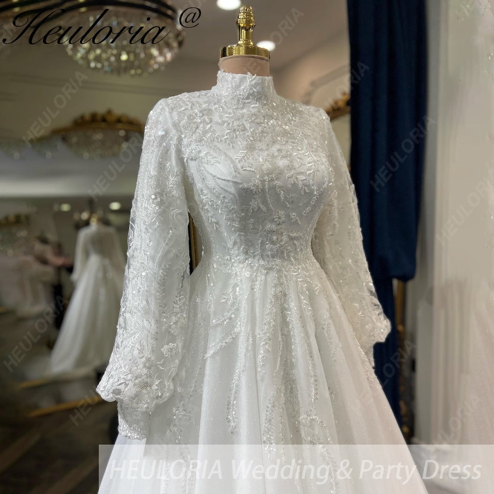 HEULORIA Elegant High-Neck Lace Wedding Dress with Romantic Bishop Sleeves and A-Line Train BA-1246