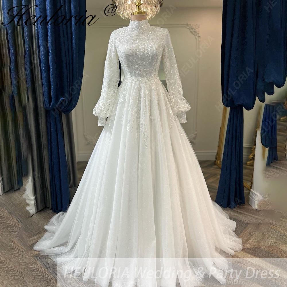 HEULORIA Elegant High-Neck Lace Wedding Dress with Romantic Bishop Sleeves and A-Line Train BA-1246