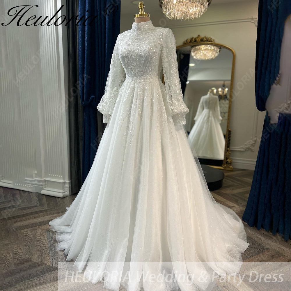 HEULORIA Elegant High-Neck Lace Wedding Dress with Romantic Bishop Sleeves and A-Line Train BA-1246