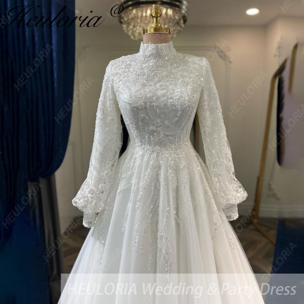 HEULORIA Elegant High-Neck Lace Wedding Dress with Romantic Bishop Sleeves and A-Line Train BA-1246