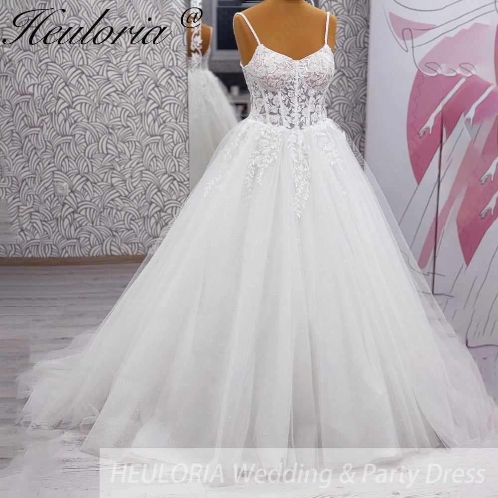 HEULORIA Sparkling Floral Lace Ball Gown Wedding Dress with Dainty Spaghetti Straps and Corset Bodice AL-1012