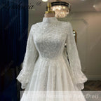 HEULORIA Elegant High-Neck Lace Wedding Dress with Romantic Bishop Sleeves and A-Line Train BA-1246