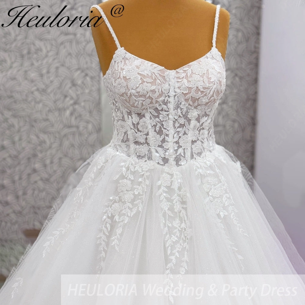 HEULORIA Sparkling Floral Lace Ball Gown Wedding Dress with Dainty Spaghetti Straps and Corset Bodice AL-1012