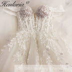 Heuloria Off-the-Shoulder Floral Lace Glitter Tulle A-Line Wedding Dress with Corset Bodice AL-1068