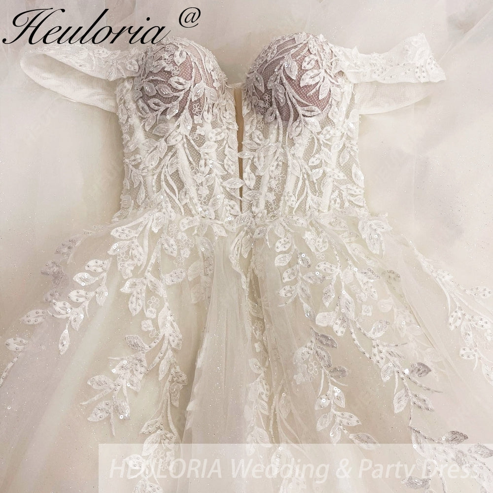 Heuloria Off-the-Shoulder Floral Lace Glitter Tulle A-Line Wedding Dress with Corset Bodice AL-1068