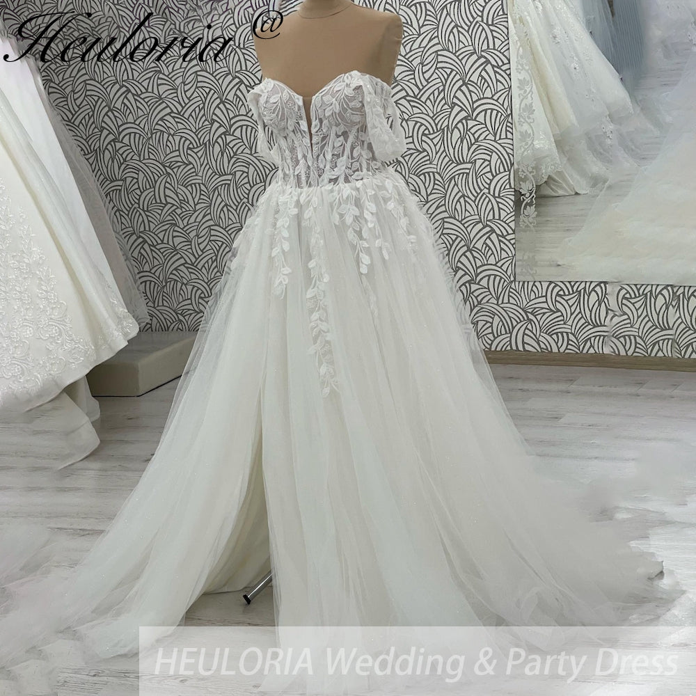 HEULORIA elegant A line wedding dress off shoulder Sparkly Glitter lace bridal dress long sleeve Robe De Mariee Wedding Bride Dress long train AL-1068
