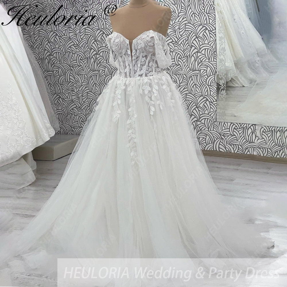 Heuloria Off-the-Shoulder Floral Lace Glitter Tulle A-Line Wedding Dress with Corset Bodice AL-1068