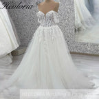 Heuloria Off-the-Shoulder Floral Lace Glitter Tulle A-Line Wedding Dress with Corset Bodice AL-1068