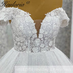 HEULORIA Sparkling Off-The-Shoulder 3D Floral Lace Ball Gown Wedding Dress with Deep V-Neckline BA-1245