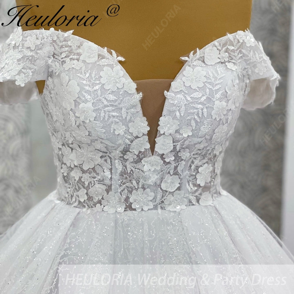 HEULORIA Sparkling Off-The-Shoulder 3D Floral Lace Ball Gown Wedding Dress with Deep V-Neckline BA-1245