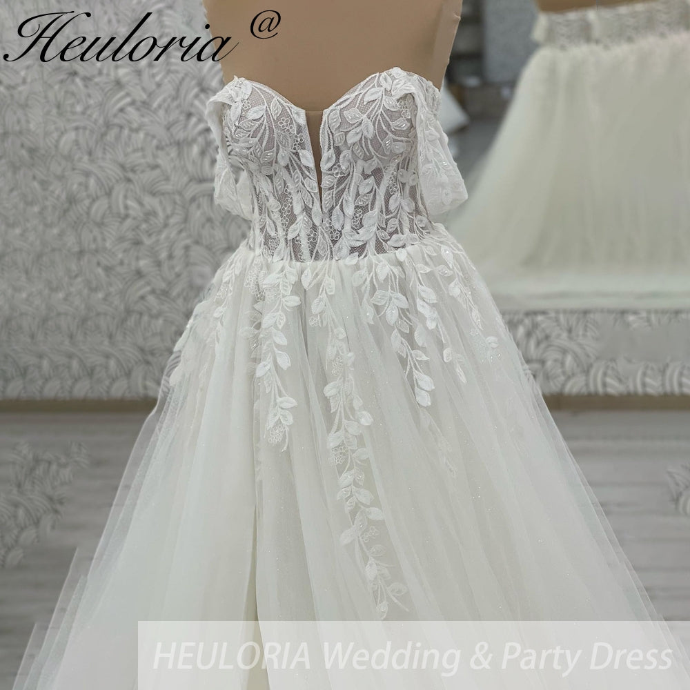 HEULORIA elegant A line wedding dress off shoulder Sparkly Glitter lace bridal dress long sleeve Robe De Mariee Wedding Bride Dress long train AL-1068