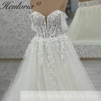Heuloria Off-the-Shoulder Floral Lace Glitter Tulle A-Line Wedding Dress with Corset Bodice AL-1068