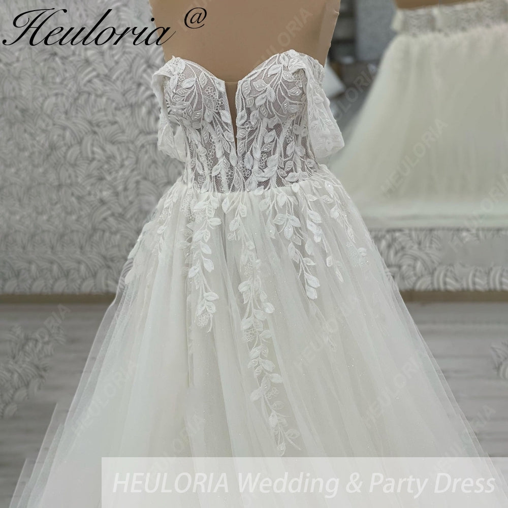 Heuloria Off-the-Shoulder Floral Lace Glitter Tulle A-Line Wedding Dress with Corset Bodice AL-1068