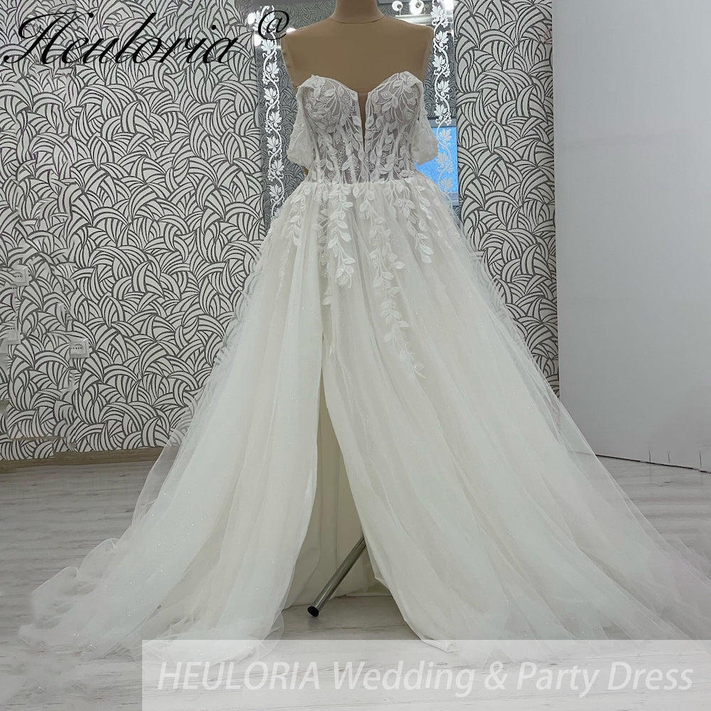 HEULORIA elegant A line wedding dress off shoulder Sparkly Glitter lace bridal dress long sleeve Robe De Mariee Wedding Bride Dress long train AL-1068