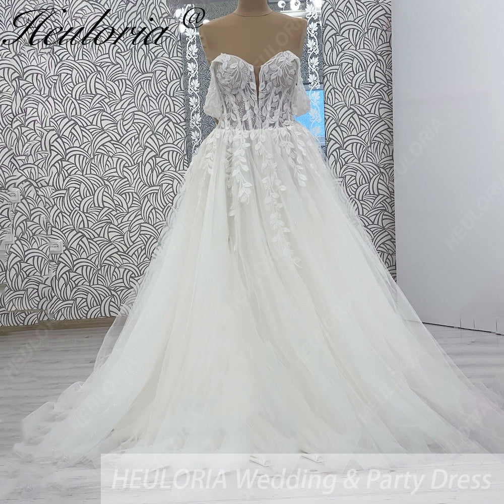 Heuloria Off-the-Shoulder Floral Lace Glitter Tulle A-Line Wedding Dress with Corset Bodice AL-1068