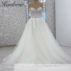 Heuloria Off-the-Shoulder Floral Lace Glitter Tulle A-Line Wedding Dress with Corset Bodice AL-1068