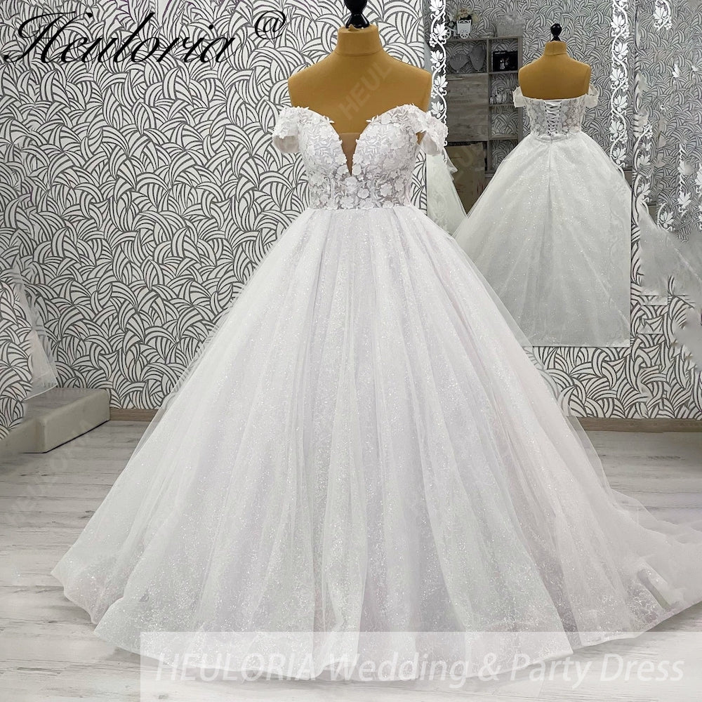 HEULORIA Sparkling Off-The-Shoulder 3D Floral Lace Ball Gown Wedding Dress with Deep V-Neckline BA-1245