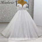 HEULORIA Sparkling Off-The-Shoulder 3D Floral Lace Ball Gown Wedding Dress with Deep V-Neckline BA-1245