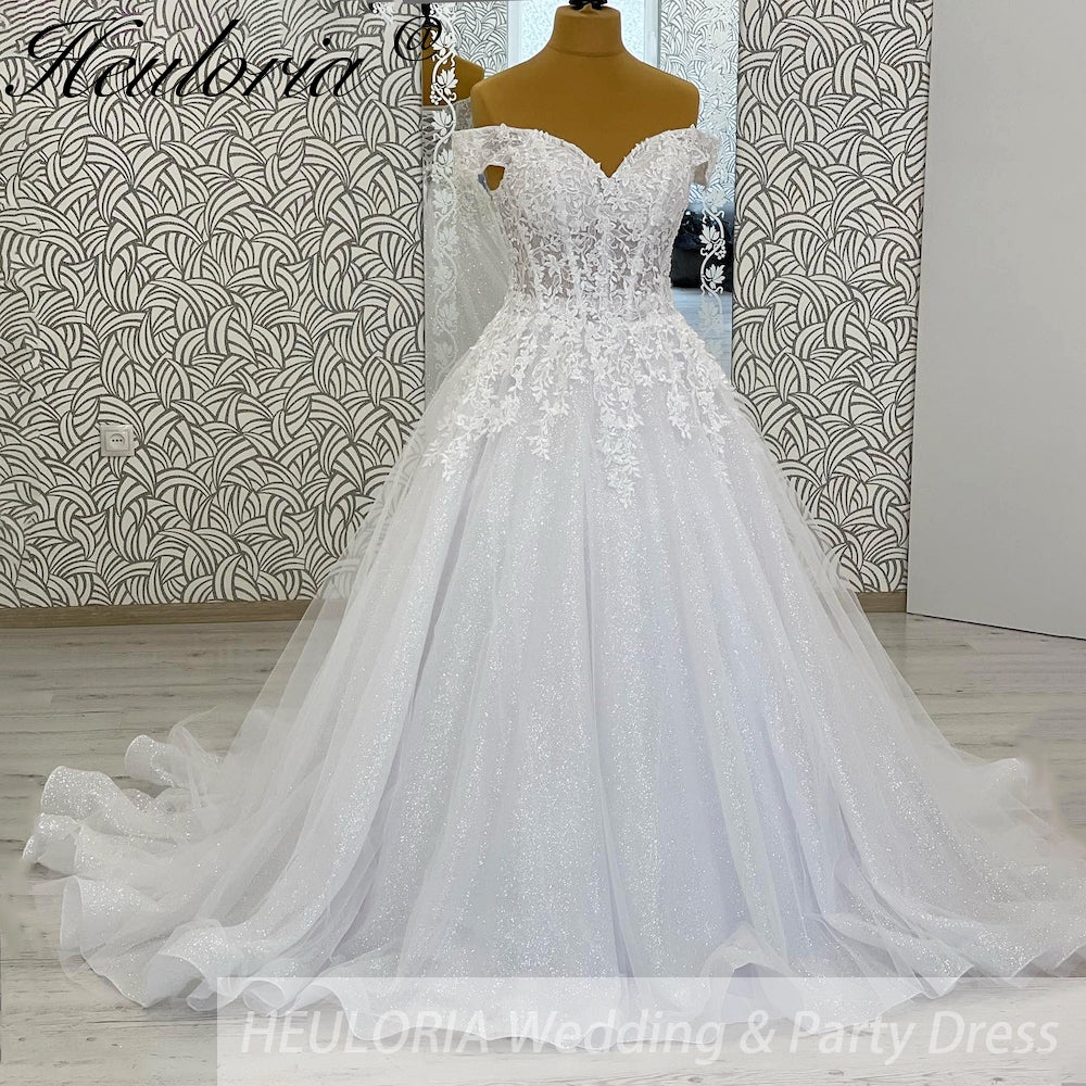 HEULORIA Sparkly Glitter Wedding dress Off The Shoulder 2025 Luxury Women Church Beach Bride Dresses Floral Lace Customized BA-1084