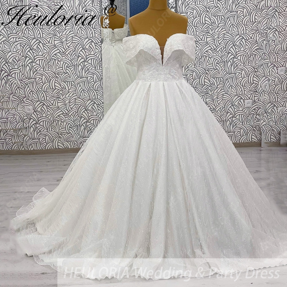 HEULORIA Shimmering Floral Lace Off-the-Shoulder Ball Gown Wedding Dress with Plunging Illusion V-Neck BA-1108