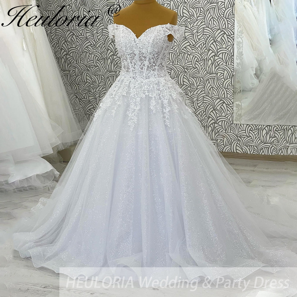 HEULORIA Sparkly Glitter Wedding dress Off The Shoulder 2025 Luxury Women Church Beach Bride Dresses Floral Lace Customized BA-1084