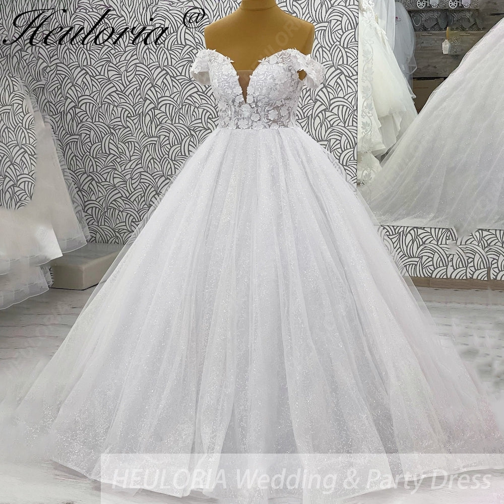 HEULORIA Sparkling Off-The-Shoulder 3D Floral Lace Ball Gown Wedding Dress with Deep V-Neckline BA-1245
