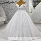HEULORIA Sparkling Off-The-Shoulder 3D Floral Lace Ball Gown Wedding Dress with Deep V-Neckline BA-1245
