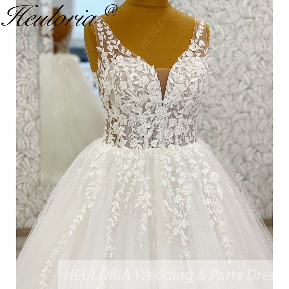 HEULORIA A line Wedding Dress V Neck Sleeveless Boho Lace Appliques Tulle Long Bridal Gowns Backless Vestidos de Novia Customized AL-1087